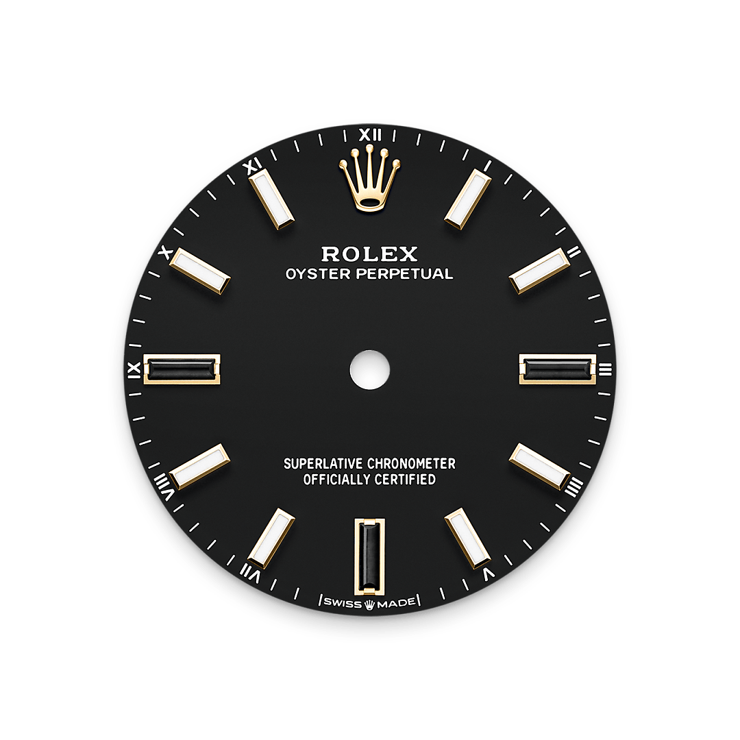 Rolex Oyster Perpetual 34, 18 Karat Gelbgold, M124208-0001 – Goldschmiede Hofacker – Rolex Zifferblatt