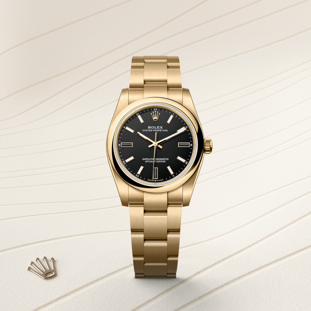 Rolex Oyster Perpetual 34, 18 Karat Gelbgold, M124208-0001 – Goldschmiede Hofacker – Detailansicht 8