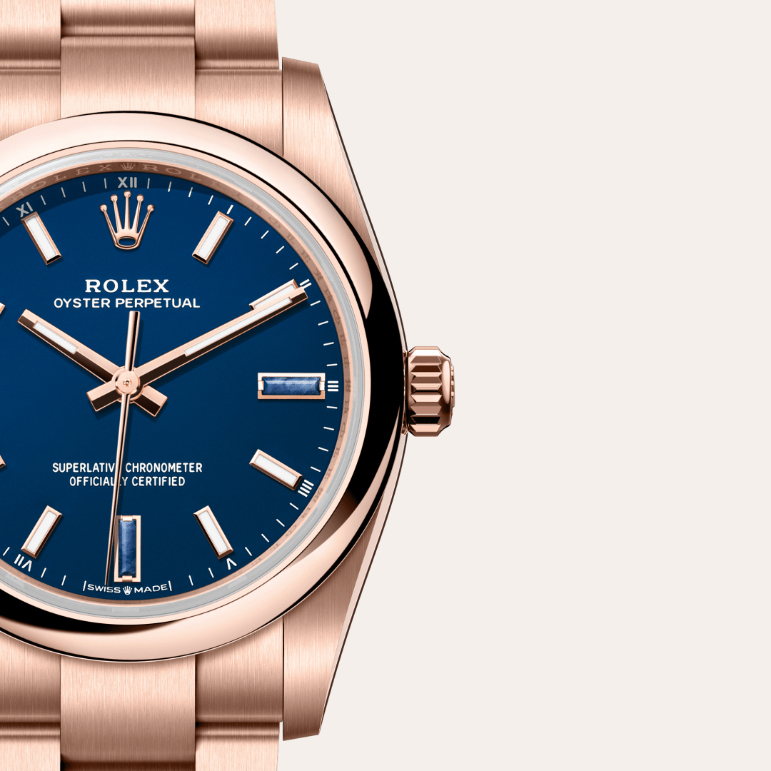 Rolex Oyster Perpetual 34, 18 Karat Everose-Gold, M124205-0002 – Goldschmiede Hofacker – Detailansicht 10