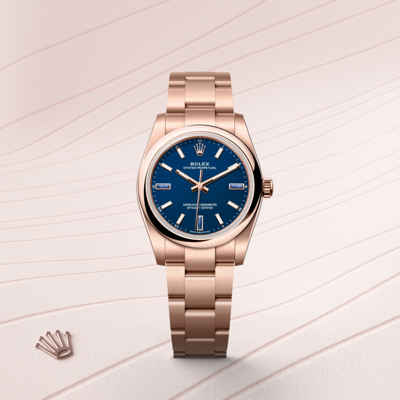 Rolex Oyster Perpetual 34, 18 Karat Everose-Gold, M124205-0002 – Goldschmiede Hofacker – Detailansicht 5