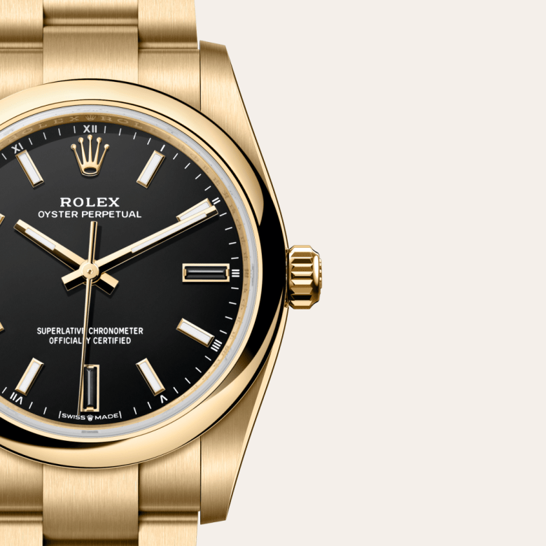 Rolex Oyster Perpetual 34, 18 Karat Gelbgold, M124208-0001 – Goldschmiede Hofacker – Detailansicht 7